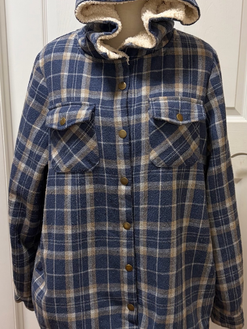 Blue and Cream Plaid Hooded Utility Jacket with Sherpa Lining